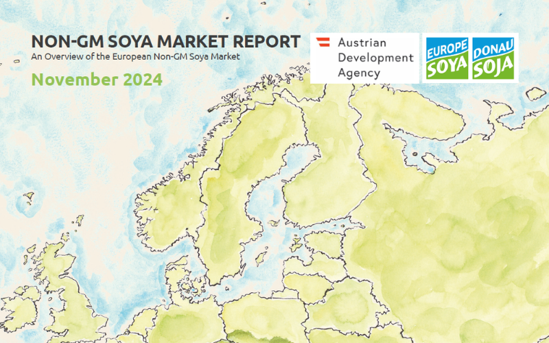 Cover of the Non-GM Soya Market Report, November 2024, featuring an overview of the European non-GM soya market with logos of the Austrian Development Agency, Europe Soya, and Donau Soja.