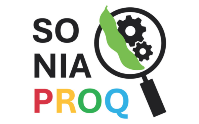 Logo of the Sonia Pro-Q project featuring a soybean and magnifying glass, representing certified training on soybean processing and animal nutrition.