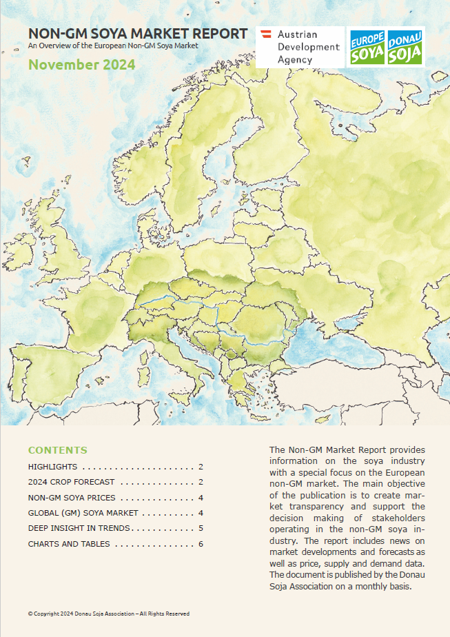 Cover of the Non-GM Soya Market Report November 2024, featuring a map of Europe, Donau Soja and Europe Soya logos, and a table of contents.