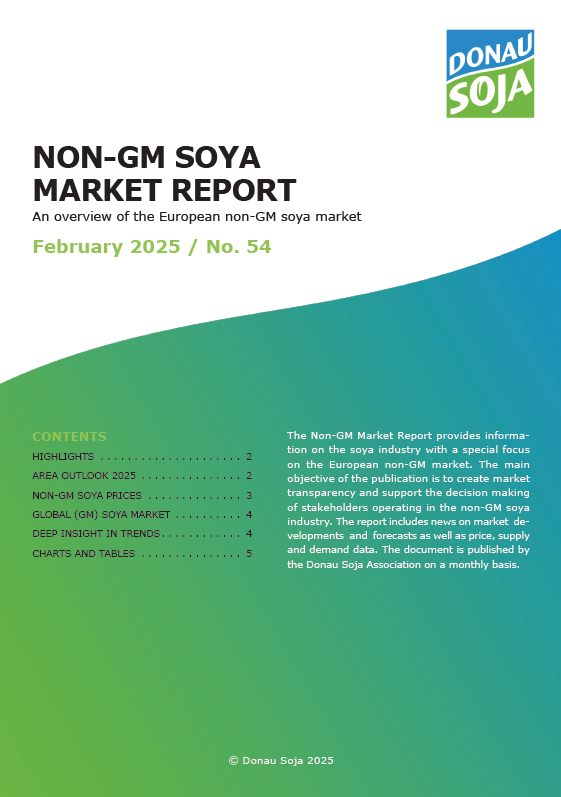 Cover of the Donau Soja Non-GM Soya Market Report January 2025, featuring market insights for the European soya industry.