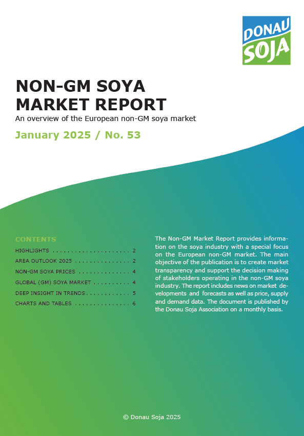 Cover of the Donau Soja Non-GM Soya Market Report January 2025, featuring market insights for the European soya industry.