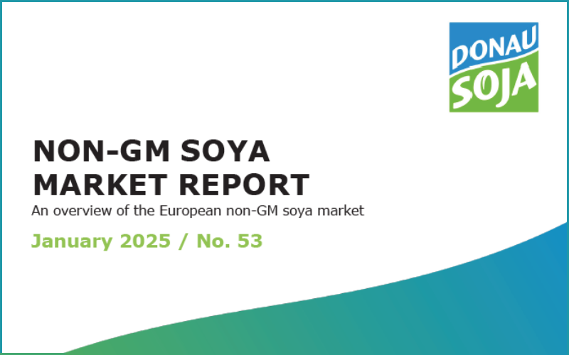 Cover of the January 2025 Non-GM Soya Market Report by Donau Soja, highlighting key trends in the European non-GM soya market.