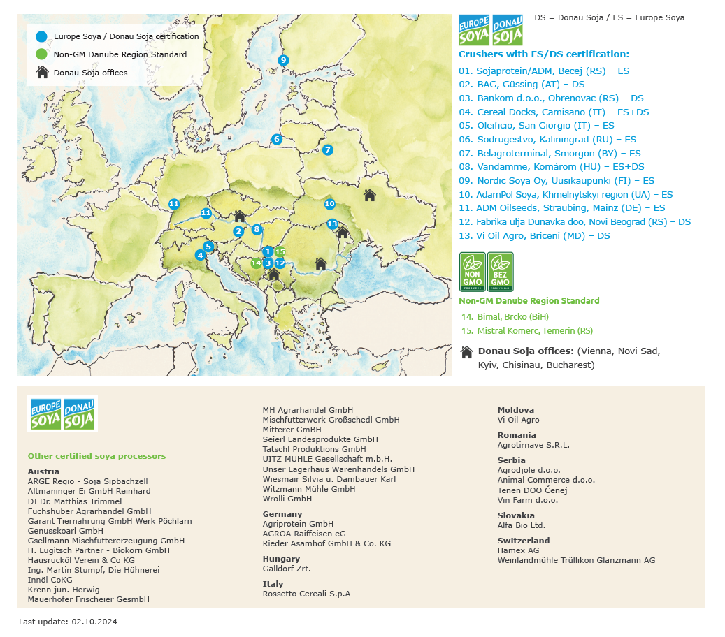 Map showcasing certified soya processors and Donau Soja offices across Europe, highlighting certifications and key locations.